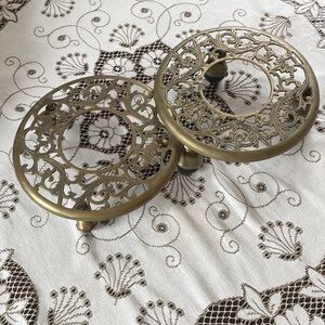 Vintage Round Brass Plant Rolling Caster Stand 2 Victorian Hollywood